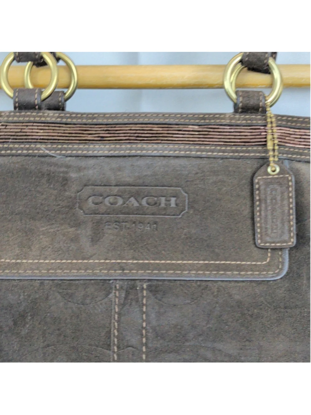 Coach Brown Logo Leather Beaded Tote Style Purse